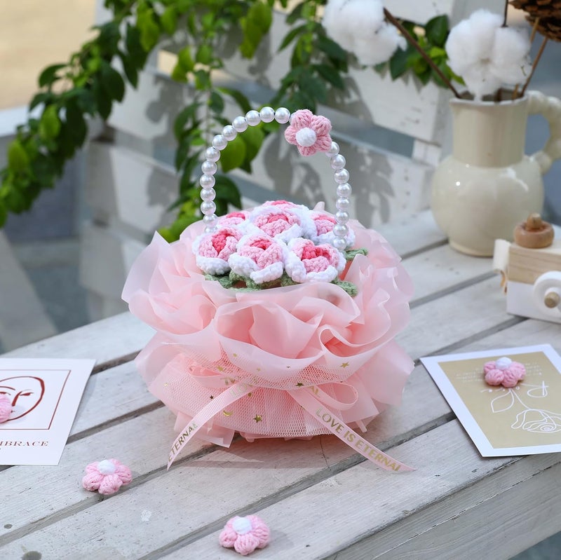 YOOJEE Crochet Flower Bouquet Pink Valentines Day Gift for Her Wife Girlfriend Women Sister Handmade Knitted Rose Basket for Mother Women Teachers Coworkers Gradient Pink Yarn Flower - Image 2